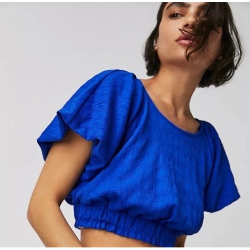 Free People Tovah Royal Blue Crop Top S Smocked Hem Flutter Sleeve Crepe Blouse